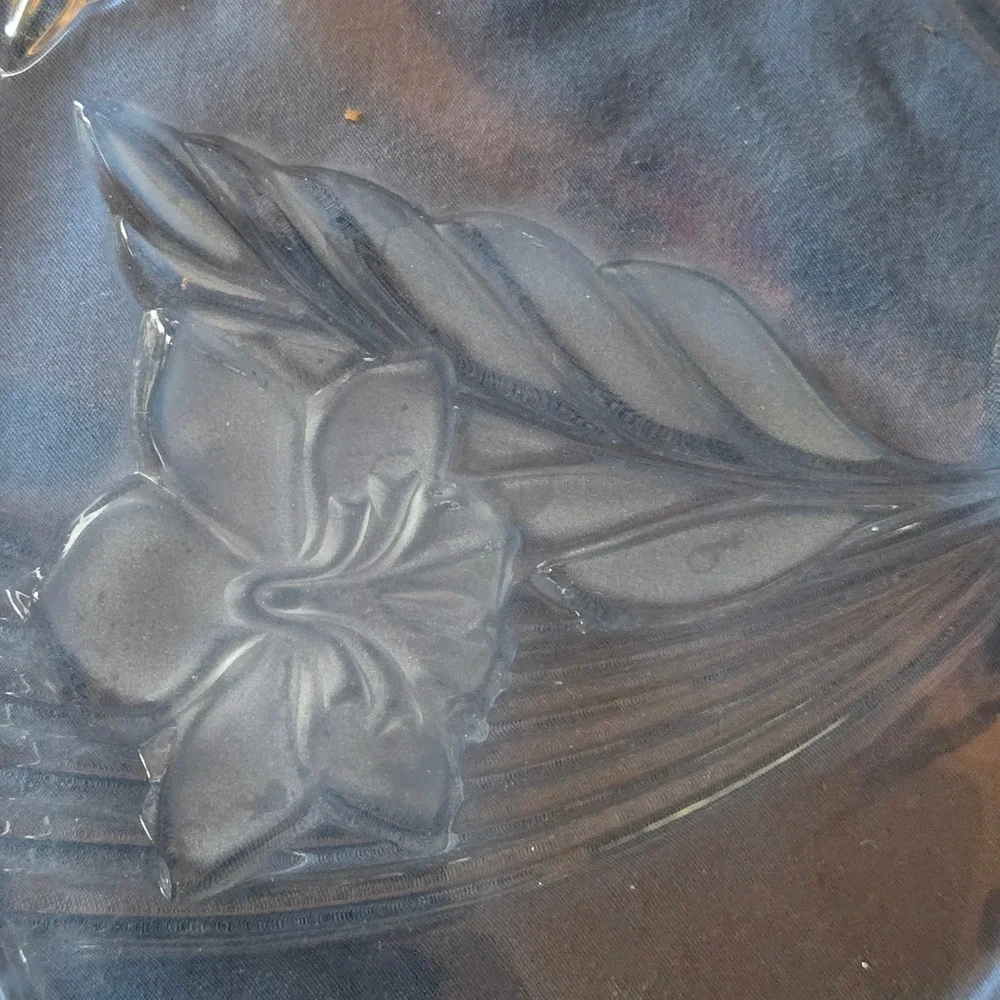 Vintage Frosted Floral Clear Glass Serving Platter Scalloped Wheat Rim 12 Inch